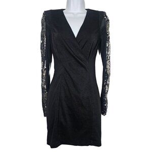 Ark & Co Wrap Dress Black Long Sleeve Mesh Sequin Embellished Silver Women's S